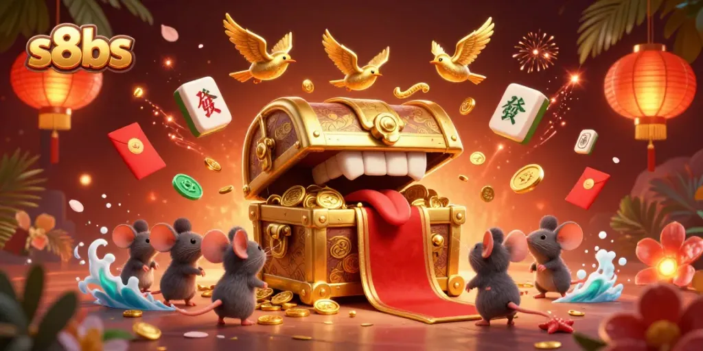 Experience lavish wins with the captivating s8bs treasure chest illustration, showcasing a vibrant casino scene.