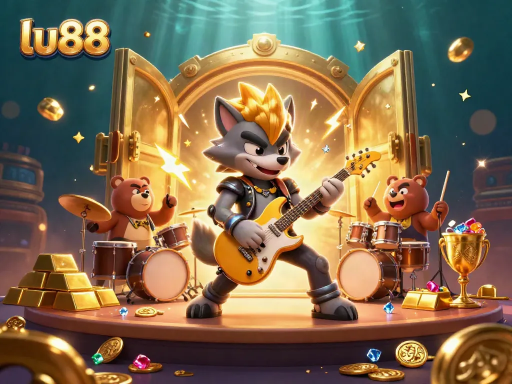 Experience the excitement of lu88 with a 3D rock star wolf performing in a vibrant casino atmosphere.
