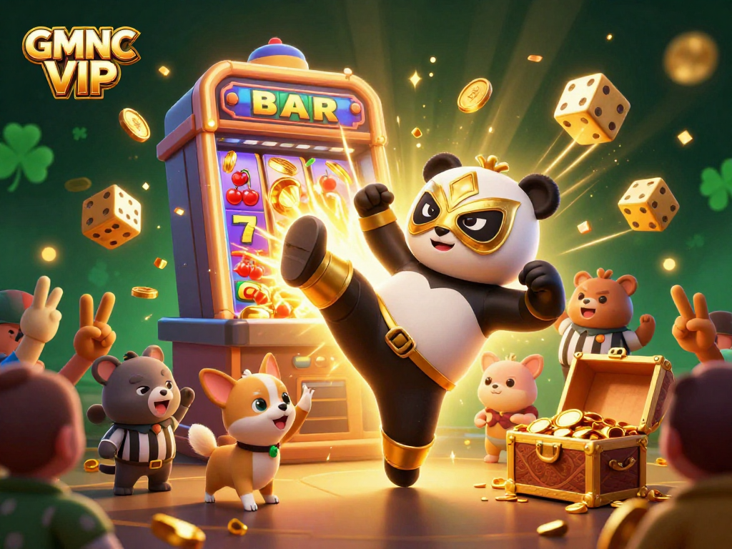 Experience booming wins at GMNC VIP with a dynamic 3D casino scene featuring vibrant characters and games.