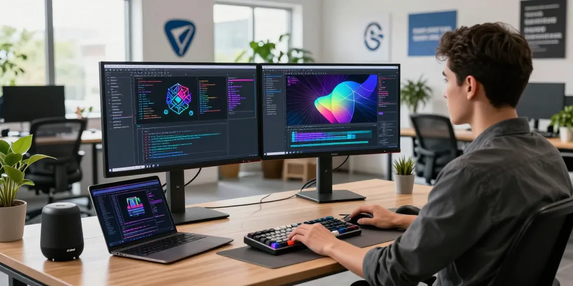 Developer working on generative AI applications at a modern office desk with screens displaying innovative coding interfaces.