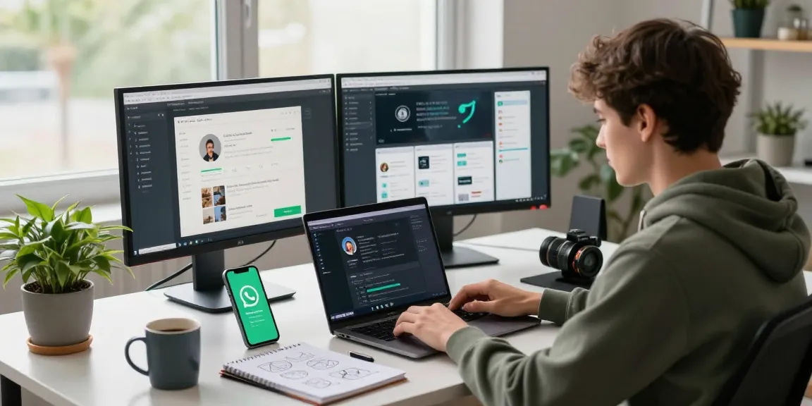 Dynamic workspace with developer coding for WhatsApp下載, showcasing app design tools and devices.