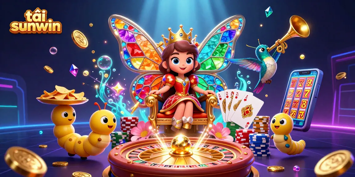 Win big with tải sunwin, featuring a vibrant casino world of games, chips, and butterflies.