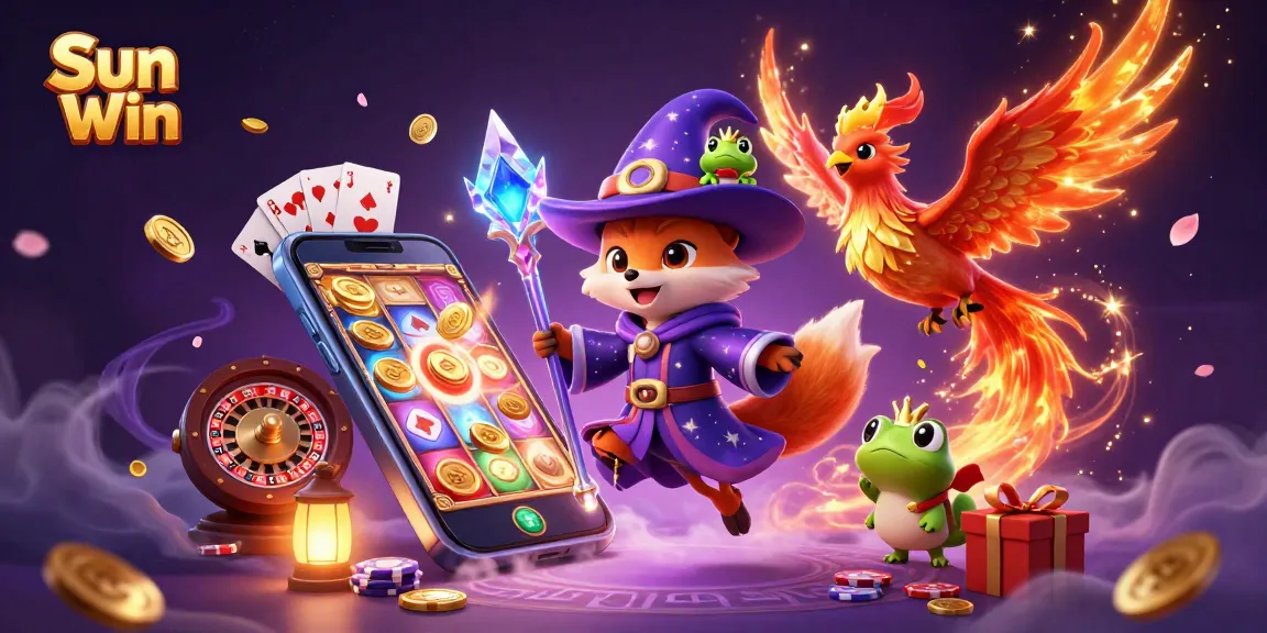 Sun Win showcases an enchanting scene with a mystical wizard fox and vibrant game elements illustrating thrilling casino action.