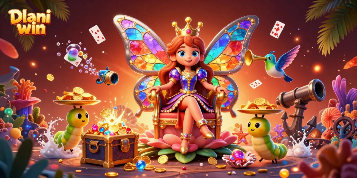 Dive into Dhani win for thrilling games and rewards with vibrant 3D illustration of a butterfly queen.