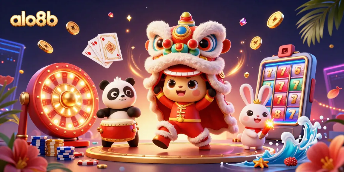 Experience the thrill of alo8b with vibrant characters, casino games, and festive elements.