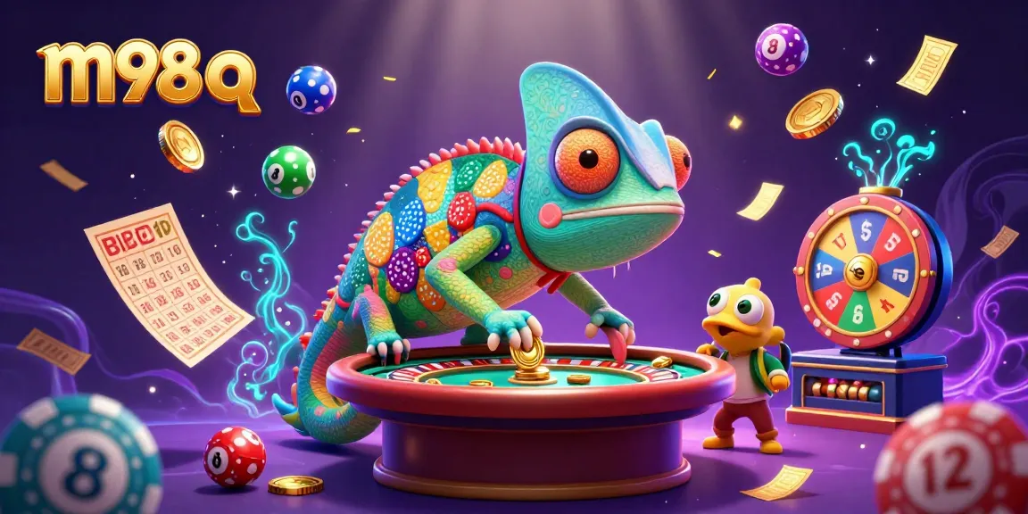 Spin the thrill with m98 q as the chameleon casino owner lures golden coins in a vibrant digital scene.