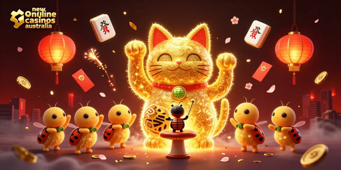 Experience the excitement of new online casinos Australia with a dynamic lucky cat illustration.